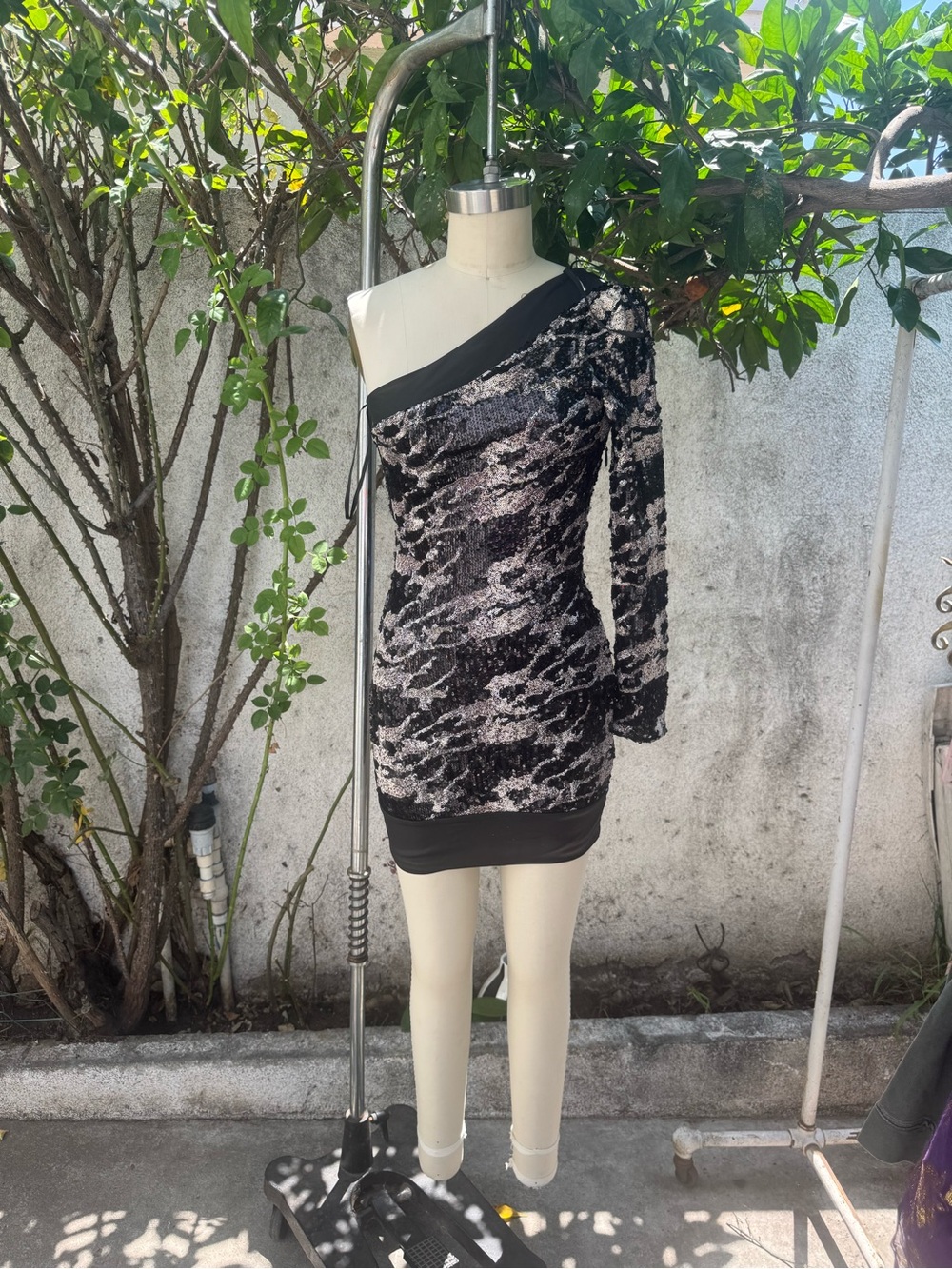 Addiction Bebe One-Shoulder Black and Silver Sequin Mini Dress